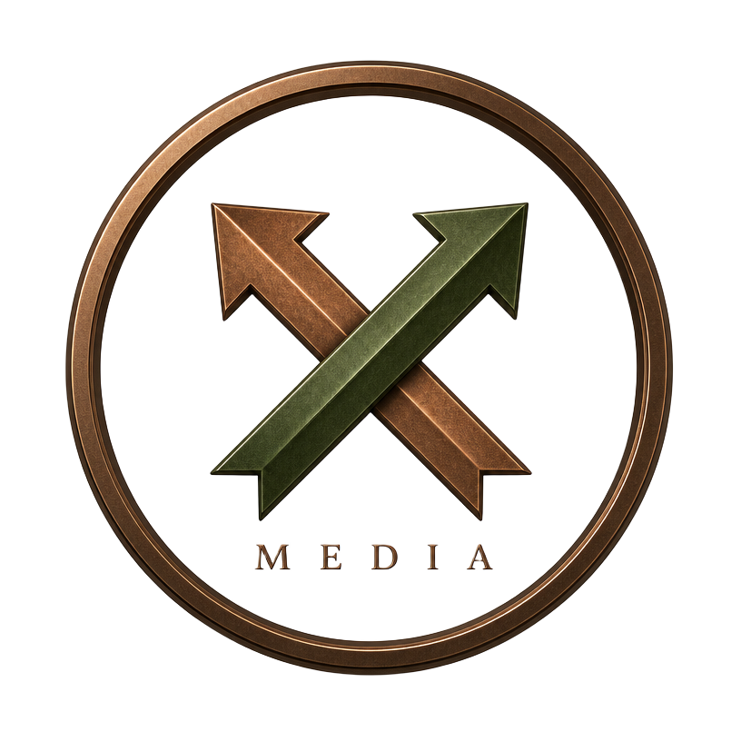 MEDIA emblem: crossed moss-green and copper arrows in a bronze circle